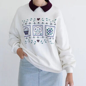 Vintage Gopher Sport White Puff  Print Floral Heart Purple Collared Sweater XL